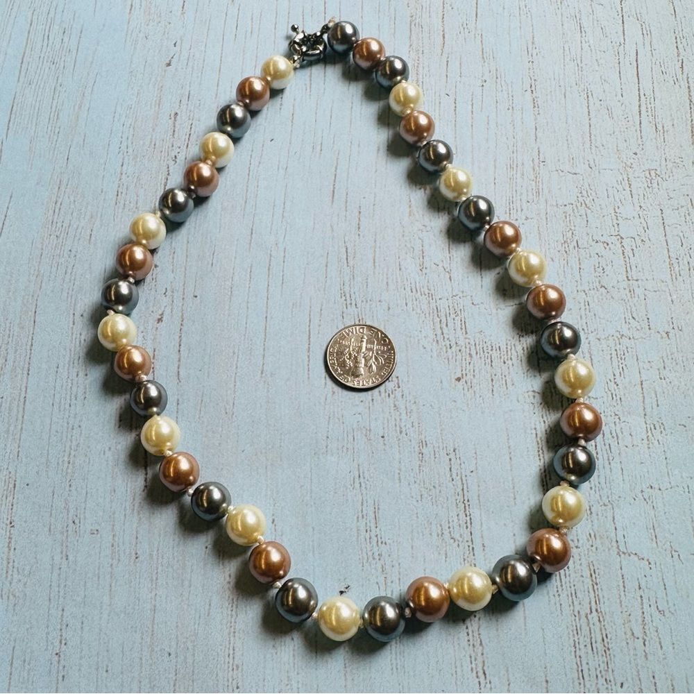 Gray Copper Cream Knotted Glass Pearl Necklace 16 In.